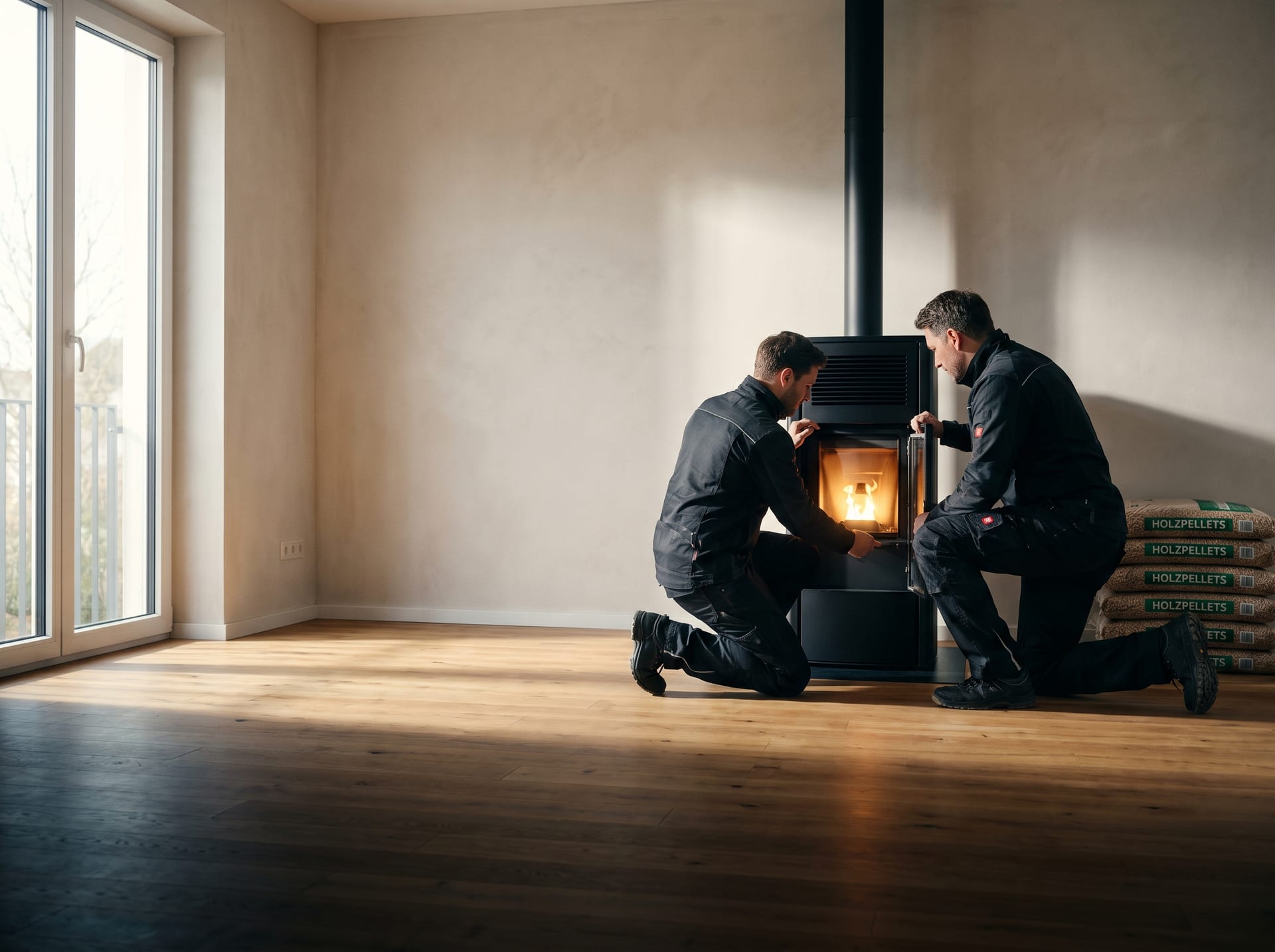 Zwei Techniker prüfen die Brennkammer eines Pelletofens